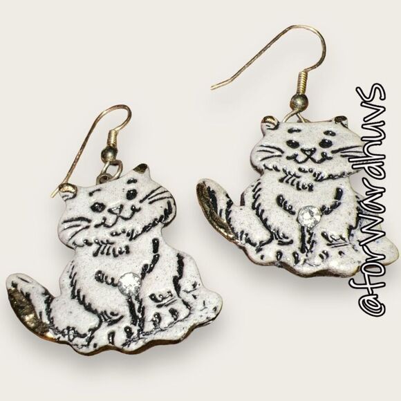 Silver Tone Cat Dangle Earrings with Rhinestone Accents - Picture 6 of 8
